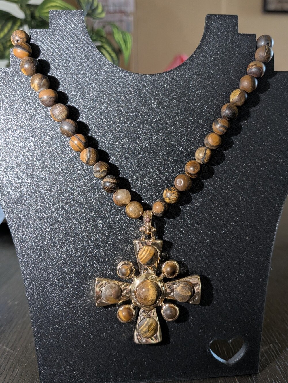 Tigers Eye Beaded Cross Pendant Necklace